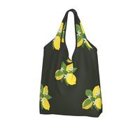 YOFIEN Bolso de mano plegable negro reutilizable de gran capacidad con diseño de limón, rama y ramo de lirios.