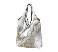 YOFIEN Bolso de mano plegable reutilizable de gran capacidad con diseño de mármol líquido gris, perlas y oro.