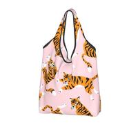 YOFIEN Bolso de mano plegable reutilizable de gran capacidad con diseño de tigres adorables de circo sobre fondo rosa.