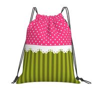 YOFIEN Bonita mochila con cordón resistente al agua con estampado de lunares rosas y rayas verdes para hombre y mujer, ideal para gimnasio y deportes.