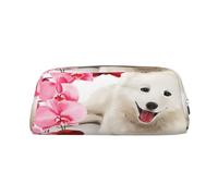 YOFIEN Estuche para lápices con diseño de Perro Samoyedo y Flores Rosas para niñas, Organizador de bolígrafos con Cremallera