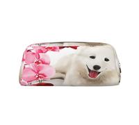 YOFIEN Estuche para lápices con diseño de Perro Samoyedo y Flores Rosas para niñas, Organizador de bolígrafos con Cremallera