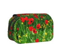 YOFIEN Estuche para lápices portátil de Doble Capa con Estampado de Paisaje de Campo de Amapolas Rojas, Granja y Prado
