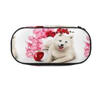 YOFIEN Estuche pequeño con diseño de Perro Samoyedo y Flores Rosas, Estuche de Gran Capacidad para lápices, Organizador de papelería de Oficina