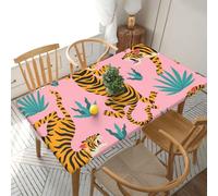 YOFIEN Mantel Rectangular Impermeable de 1,5 m, con Borde elástico, diseño de Tigres asiáticos, Dorado, Naranja y Negro, con diseño de Tigres Bailando sobre Rosa.