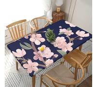 YOFIEN Mantel Rectangular Impermeable de 1,5 m con diseño Floral de Cerezo Sakura, Color Azul Marino, con Borde elástico y Protector a Prueba de derrames.