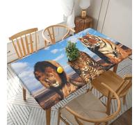 YOFIEN Mantel Rectangular Impermeable de 1,5 m con Estampado de león, Leopardo y Tigre, con Borde elástico y Protector a Prueba de derrames.