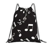 YOFIEN Mochila con cordón impermeable y notas musicales blancas para hombre y mujer, ideal para deportes y gimnasio.