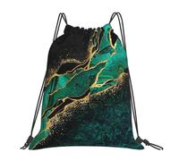 YOFIEN Mochila con cordón resistente al agua, color negro, verde azulado, mármol, malaquita verde con vetas doradas y lunares dorados, ideal para deportes, gimnasio y mujeres y hombres.