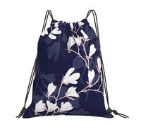 YOFIEN Mochila con cordón resistente al agua con diseño de flores de magnolia azul marino para hombre y mujer, ideal para deportes y gimnasio.