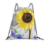YOFIEN Mochila con cordón resistente al agua con diseño de girasoles amarillos y flores azules para mujer y hombre, ideal para gimnasio y deportes.