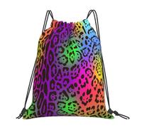 YOFIEN Mochila con cordón resistente al agua con diseño de piel de jaguar arcoíris para hombre y mujer, ideal para deportes y gimnasio.