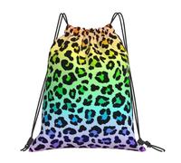 YOFIEN Mochila con cordón resistente al agua con estampado de leopardo arcoíris y piel moteada para hombre y mujer, ideal para deportes y gimnasio.