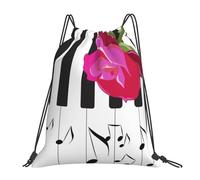 YOFIEN Mochila con cordón resistente al agua, con música abstracta de piano y flores de rosas rojas, para hombre y mujer, ideal para deportes y gimnasio.