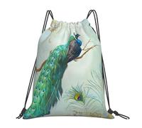 YOFIEN Mochila con cordón resistente al agua, elegante, color azul agua, con diseño de pavo real y plumas, ideal para gimnasio, deportes y mujeres y hombres.