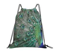YOFIEN Mochila con cordón resistente al agua, ideal para deportes y gimnasio, con diseño de pavo real con plumas y alas abiertas.