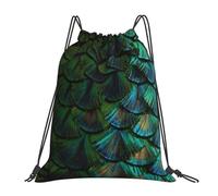 YOFIEN Mochila con cordón resistente al agua y plumas de pavo real para hombre y mujer, ideal para deportes y gimnasio.