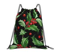 YOFIEN Mochila con cordón resistente con diseño de agua de acebo y Feliz Navidad para mujer y hombre, ideal para deportes y gimnasio.