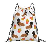 YOFIEN Mochila con cordón resistente para hombre y mujer, ideal para deportes, gimnasio, con diseño de perro salchicha, perrito caliente y patatas fritas, divertida y divertida comida.