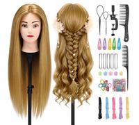 Yofuly Cabeza Maniqui Peluqueria, 28in/71cm Cabeza de Práctica con 80% Cabello Humano Real, Cabezas de Peluquero con Abrazadera de Mesa + Accesorios de Peinado DIY para Trenzado(Dorado)