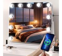 Yofuly Hollywood - Espejo de maquillaje con iluminación (50 x 42 cm, con rotación de 11, rotación de 360°, 3 colores de temperatura ajustable, enchufe, espejo de mesa cosmético, color blanco)