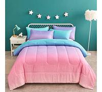 Yogeneg Juego de edredón con diseño de sirena, arcoíris, tamaño matrimonial/queen para adolescentes y mujeres, edredón con estampado de estrella y luna metálica con 2 fundas de almohada, juego de ropa