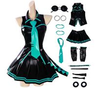 YOGLY Miku Disfraz Mujer Cosplay Virtual Idol H'atsune M'iku Completo Negro PU JK Uniforme Set con Gafas y Accesorios para Carnaval Halloween Fiesta Mascarada Fancy Anime Juegos de rol Traje