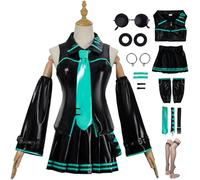 YOGLY Miku Disfraz Mujer Cosplay Virtual Idol H'atsune M'iku Completo PU JK Uniforme Set con Gafas y Accesorios para Carnaval Halloween Fiesta Mascarada Fancy Anime Juegos de rol Traje