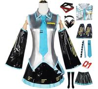 YOGLY Miku Disfraz Mujer Cosplay Virtual Idol H'atsune M'iku Completo PU JK Uniforme Set con Pegatinas y Accesorios para Carnaval Halloween Fiesta Mascarada Fancy Anime Juegos de rol Traje