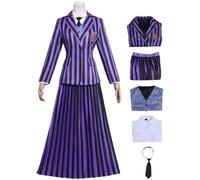 YOGLY Mujer Cosplay Disfraz Miércoles 2 Morado Rayas Uniforme Escolar Set para Carnaval Halloween Fiesta Mascarada Disfraces