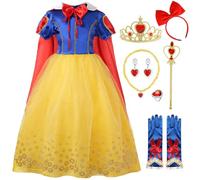 YOGLY Niñas Blancanieves Disfraz Cosplay Princesa Vestido de Noche con Capa y Accesorios para Navidad Halloween Carnaval Fiesta Cumpleaños Blanca Nieves Vestido de Baile, 2-10 años, 150