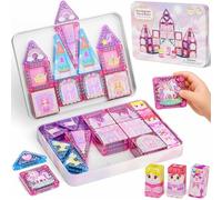 YOGOHEE Bloques de construcción magnéticos de viaje para niñas: 42 piezas de azulejos de princesa y unicornio en caja de metal portátil como plataforma de construcción móvil para coche, avión y tren