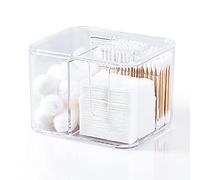 YOHOM Organizador de bolas de algodón transparente y soporte para hisopos con tapa, dispensador de almohadillas redondas de algodón para baño