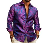 YOHOWA Camisas de vestir de seda para hombre de manga larga con diseño paisley jacquard, cuello abotonado, estilo occidental de diseñador, camisa clásica para fiestas y bailes de graduación, S
