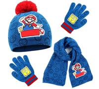 YOILIK Juego de 3 piezas para niños, gorro de invierno Super Mari, bufanda y guantes, sombrero de invierno para niña, guantes de invierno, gorro de invierno cálido, gorro, manos, chuhe redondo, azul