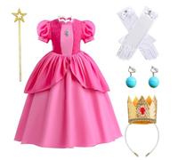 YOILIK Vestido Peach Niña, 3-8 Años Princess Costume, Vestido Princesa Peach Niña, Disfraces Con Coronas, Guantes, Varitas Mágicas y Otros Accesorios, Ideal Para Fiestas Temáticas y Juegos De Rol