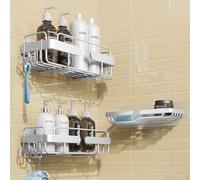 Yoillione Estantería Baño sin Taladro Estante: Organizador Baño Adhesivo de Pared - Estanteria Inoxidablede de 100% Aluminio para Champú con Jabonera, 3 Piezas