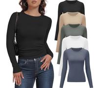 YOIOWVY Paquete de 5 Camisetas de Manga Larga para Mujer Ajustadas elásticas con Cuello Redondo Camisetas Transpirables para Mujer Ropa Interior de Trabajo