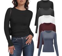 YOIOWVY Paquete de 5 Camisetas de Manga Larga para Mujer Ajustadas elásticas con Cuello Redondo Camisetas Transpirables para Mujer Ropa Interior de Trabajo