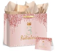 Yoirrat Bolsa de regalo de 3er cumpleaños de oro rosa para bebés y niñas, bolsa de regalo grande rosa con papel de regalo de tercer cumpleaños y tarjeta para decoraciones de tercer cumpleaños