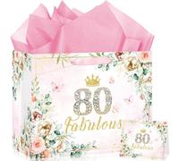 Yoirrat Bolsa de regalo de 80 cumpleaños de oro rosa para mujer, flores rosas grandes, 80 y fabulosa bolsa de regalo de feliz cumpleaños 80 con tarjeta de papel de regalo para decoraciones florales de