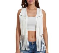 Yoisdtxc Chaleco de flecos para mujer Cowgirls Chaqueta sin mangas con borlas Occidental Ante sintético Cárdigan hippie de los años 70, A-blanco, M
