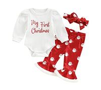 Yoisdtxc Conjunto de ropa de 3 piezas para bebé niña con texto en inglés "My 1st Christmas" (Mi primera Navidad), mameluco de manga larga, pantalones acampanados de Papá Noel, diadema, Rojo navideño,