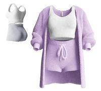 YoiTs Misscosy Conjunto de Punto de 3 Piezas, Pijama Sexy y cálido de Forro Polar, Conjunto de Pantalones Cortos Superiores, Pijama, Ropa de salón (Purple,Large)