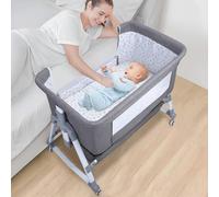 Yokawe Cuna de noche para bebé, cama plegable portátil 3 en 1 con altura ajustable, mosquitera, modo de cuna grande, ruedas silenciosas y freno, para alimentación nocturna, viaje gris