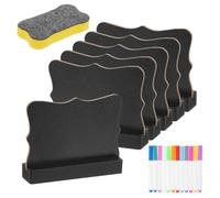 YOKIVE Set 6 Mini Carteles Pizarra 100x70mm Doble Cara Negro Nubes | Con 12 Marcadores de Acuarela y Borradores, para Mesa, para Números de Mesa de Bar de Bodas, con Soporte de Madera
