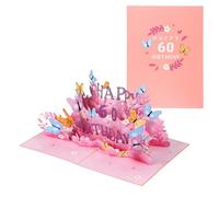 YOKIVE Tarjeta de 60º cumpleaños, Tarjeta divertida para 60 años Feliz Dulce Flores 3D Mariposas con Tarjeta de Felicitación y Sobre para Regalo de Mujeres Amigos Fiesta, Rosa