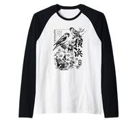 Yokohama Japón Haiku Cerezos En Flor Pájaros Gráfico Japonés Camiseta Manga Raglan