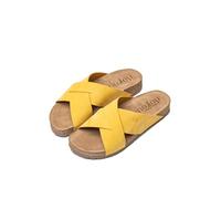 Yokono Sandalias Planas de Mujer de Piel JERBA-300 Amarillo | Zapatos Mujer Primavera-Verano | Piel Vacuna Nobuck | 2 CM