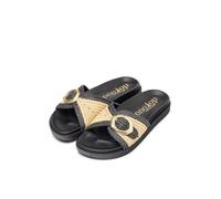 Yokono Sandalias planas de mujer de piel MORENA-305 BEIGE | Zapatos mujer Primavera-Verano | Piel vacuna Rafia | 2 CM